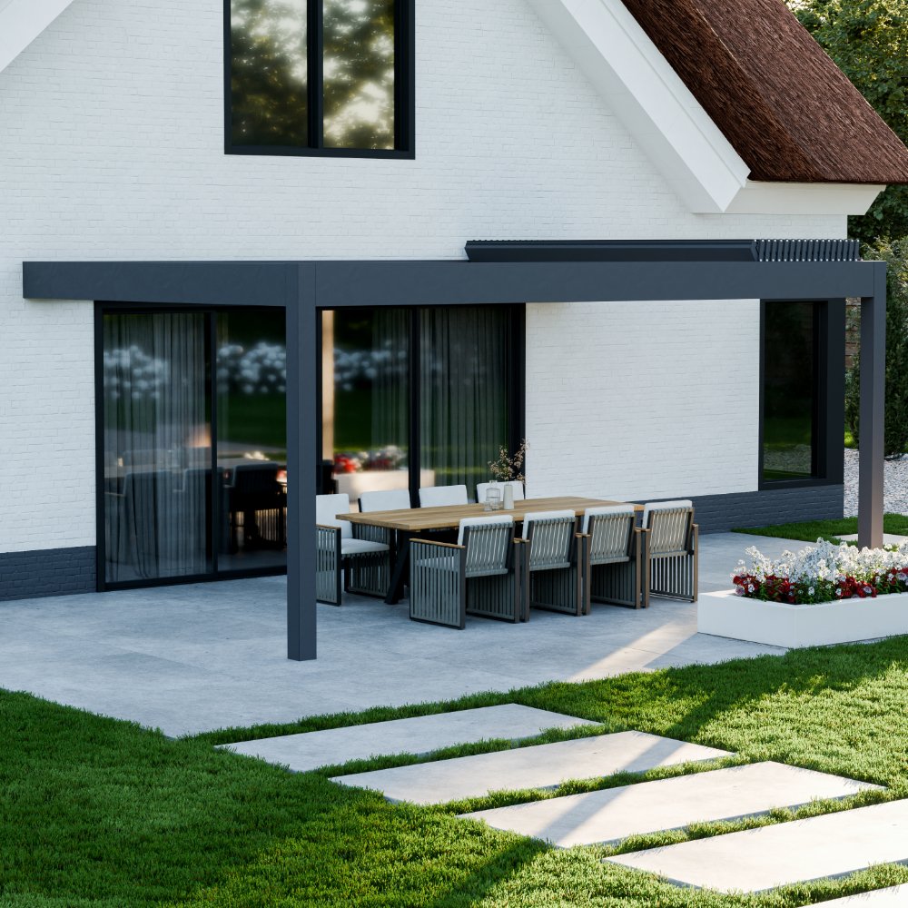 Aperto pergola in anthracite wall-mounted covering an outdoor seating area, panels partially open