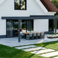 Aperto pergola in anthracite wall-mounted covering an outdoor seating area, panels partially open