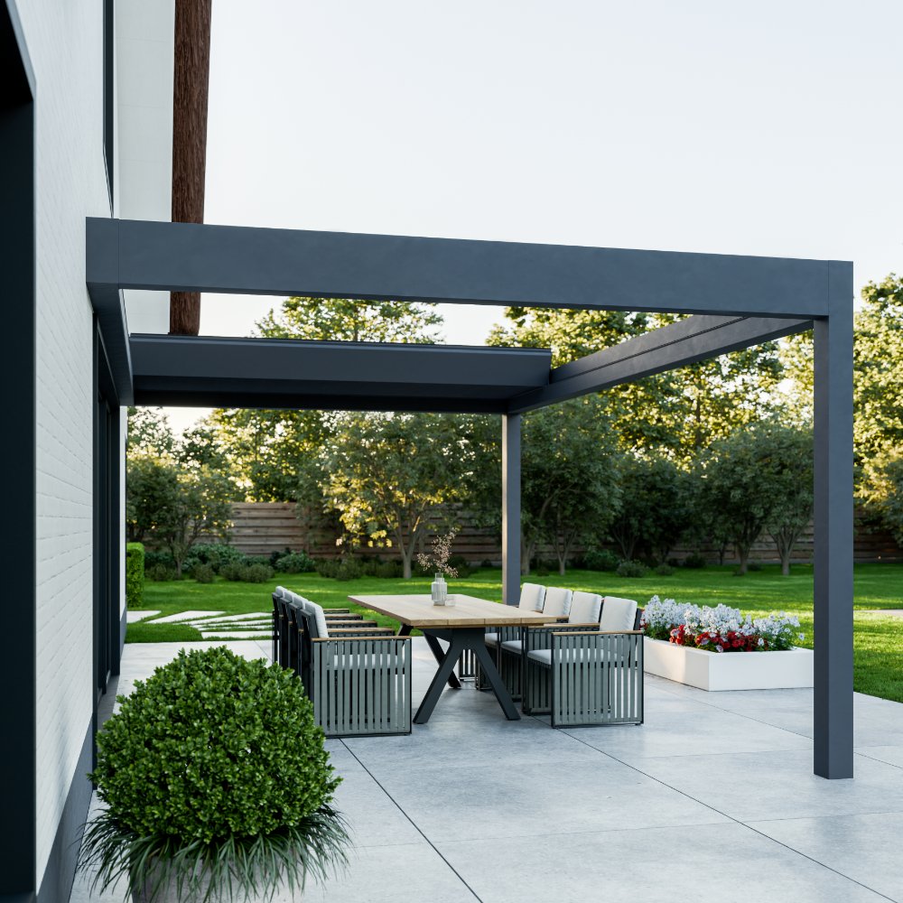 Aperto pergola in white wall-mounted, panels open, spanning 7m on two posts
