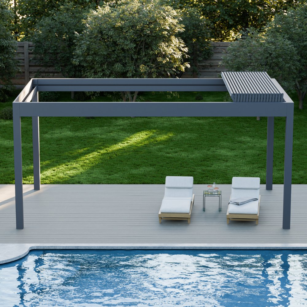 The Aperto pergola in anthracite freestanding, retractable panels at 45 degrees