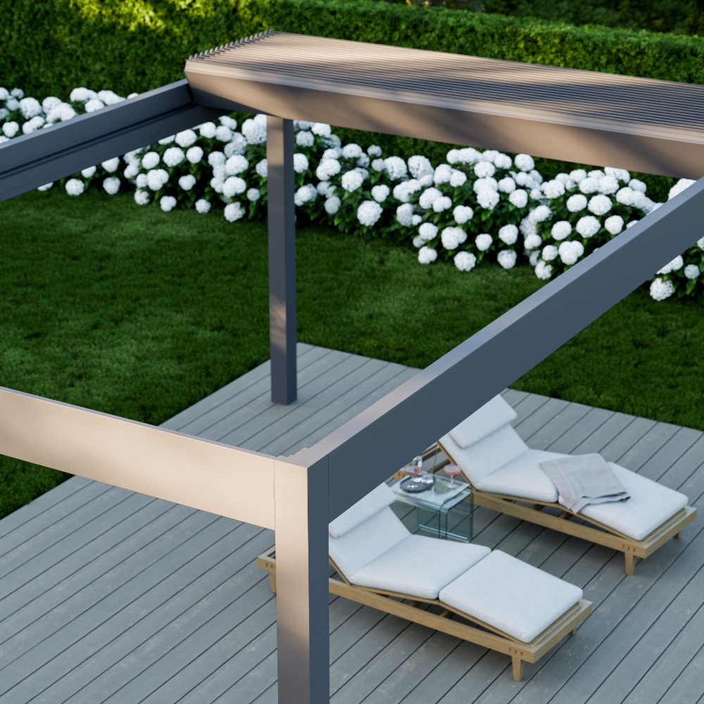 The Aperto pergola in anthracite panels closed, garden terrace sheltered from rain