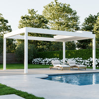 Aperto pergola in white from garden perspective with outdoor furniture arranged below
