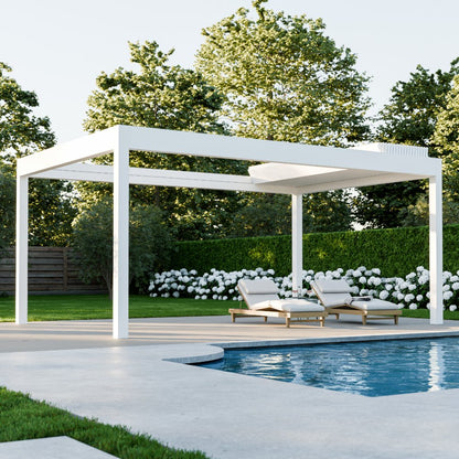 Aperto pergola in white from garden perspective with outdoor furniture arranged below