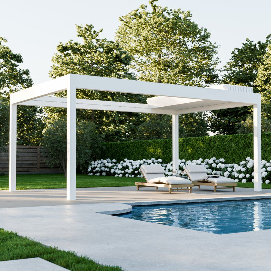 Aperto pergola in white from garden perspective with outdoor furniture arranged below