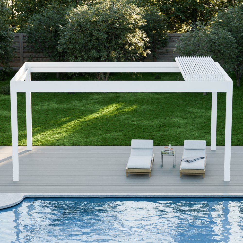 Aperto motorised pergola showing Somfy remote and panel operation in anthracite
