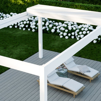 Aperto pergola in anthracite at dusk with integrated LED strip illuminating the patio below
