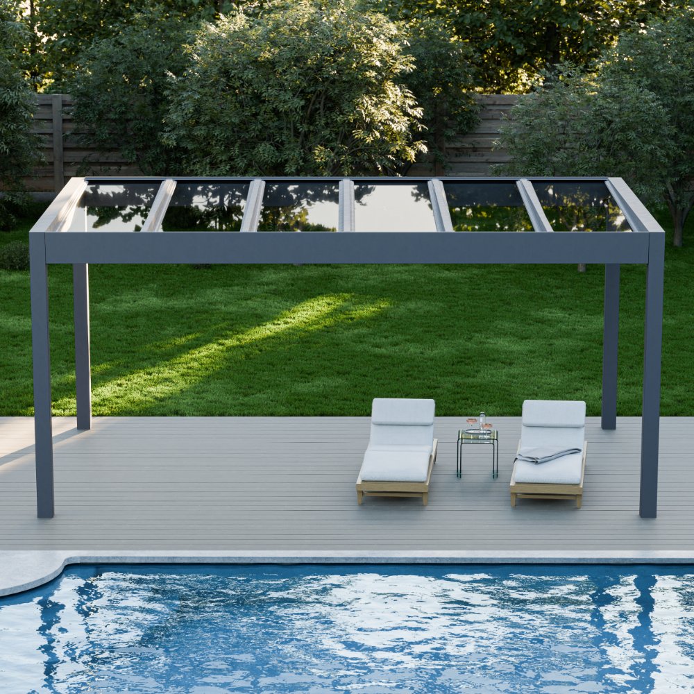 The Cristallo glass roof aluminium pergola in anthracite with reinforced safety glass overhead