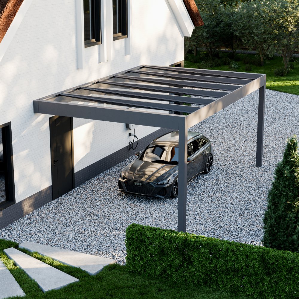 Rimessa carport in anthracite spanning 7m on a wide residential driveway