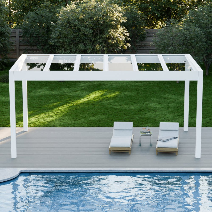 Cristallo wide-span glass pergola in anthracite covering an outdoor dining area