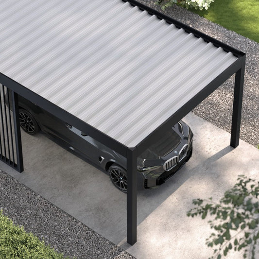 Riposo carport in black from the side showing trapezoidal steel roof profile