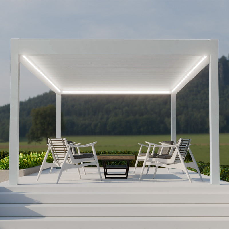 Aperto pergola in white spanning a wide garden terrace, panels fully open