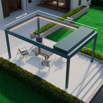 Pinela Deluxe Plus pergola in anthracite at golden hour, panels filtering low sun