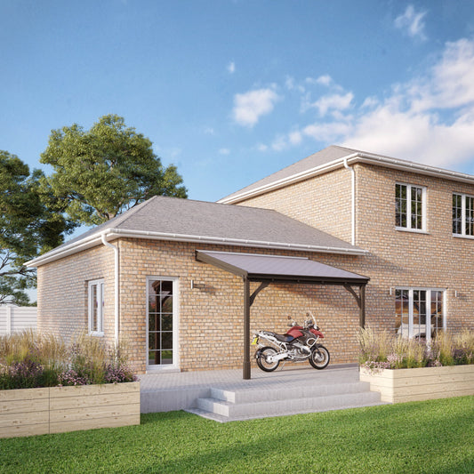 Carport | Timber Carport | Felt Shingle Roof | Wall Mounted Vehicle Shelter | Rustic Brown | 3.5m Depth x 4.34m Width