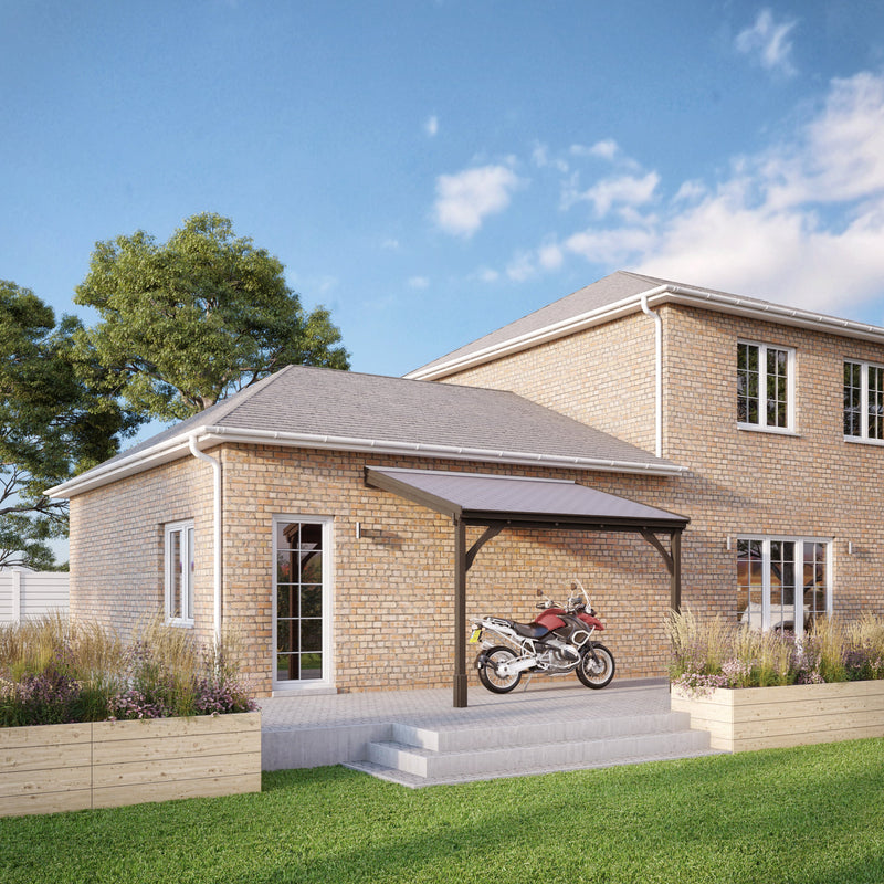 Wall Mounted Felt Shingle Roof Carport - Rustic Brown - 3.5m Depth x 2.9m Width