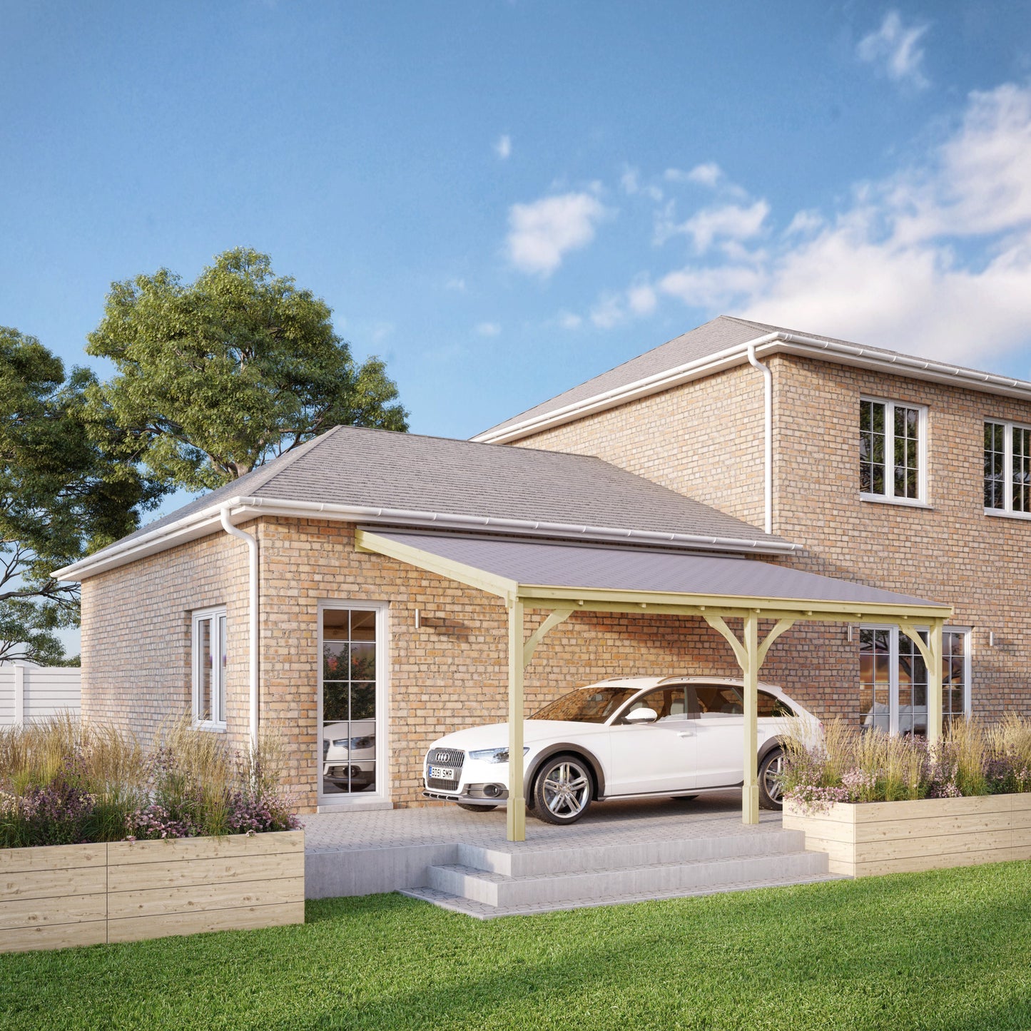 Wall Mounted Felt Shingle Roof Carport - Light Green - 2.5m Depth x 4.34m Width