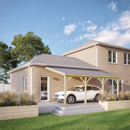 Carport | Timber Carport | Felt Shingle Roof | Wall Mounted Vehicle Shelter | Light Green | 3m Depth x 7.22m Width