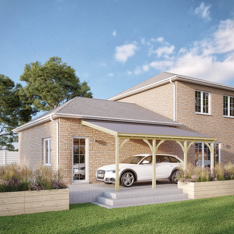 Wall Mounted Felt Shingle Roof Carport - Light Green - 2m Depth x 7.22m Width