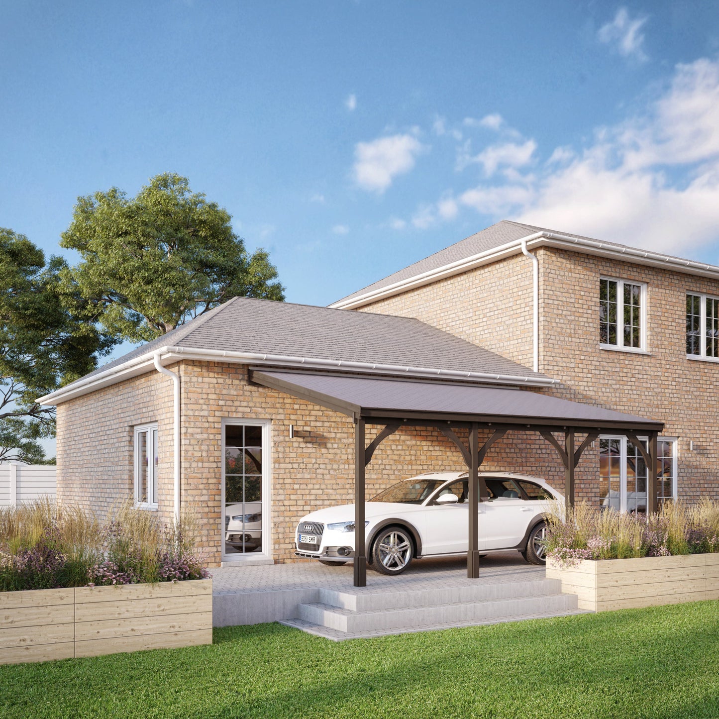 Wall Mounted Felt Shingle Roof Carport - Rustic Brown - 3m Depth x 7.22m Width