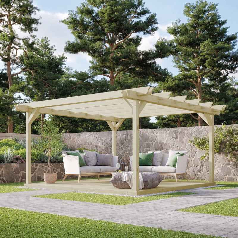 Freestanding Double Garden Pergola with Decking - Light Green - 4.8m Width x 4.8m Length