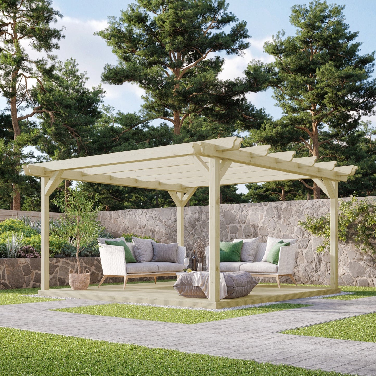 Freestanding Double Garden Pergola with Decking - Light Green - 2.4m Width x 2.4m Length