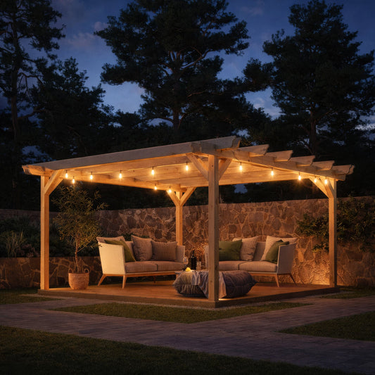 Pergola | Timber Double Garden Pergola | Integrated Decking Base | Freestanding Garden Structure | Light Green | 3m Width x 3m Length