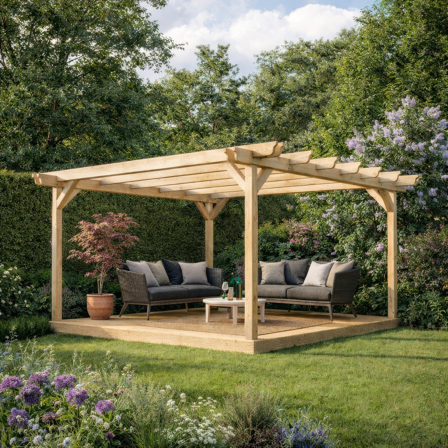 Freestanding Double Garden Pergola with Decking - Light Green - 3m Width x 3m Length