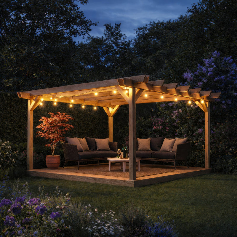 Freestanding Double Garden Pergola with Decking - Light Green - 3.6m Width x 3.6m Length