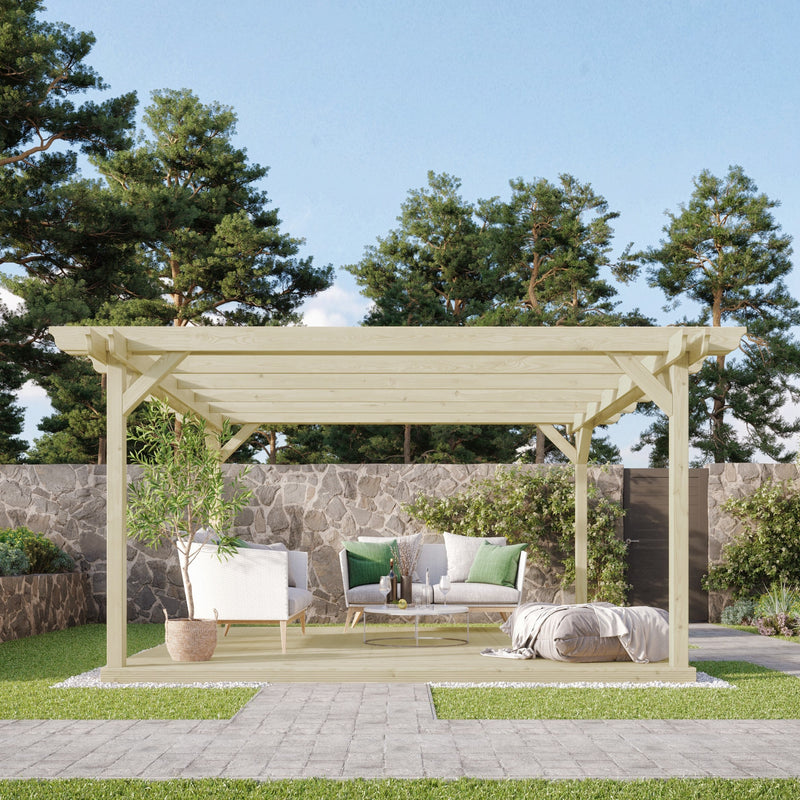Freestanding Double Garden Pergola with Decking - Light Green - 4.8m Width x 4.8m Length