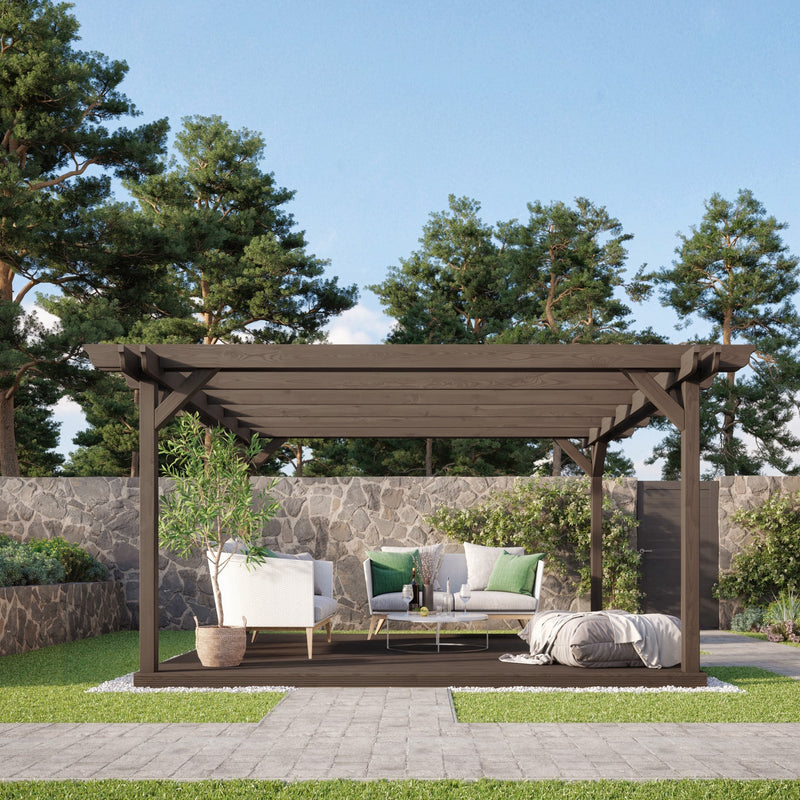 Freestanding Double Garden Pergola with Decking - Rustic Brown - 3.6m Width x 3.6m Length