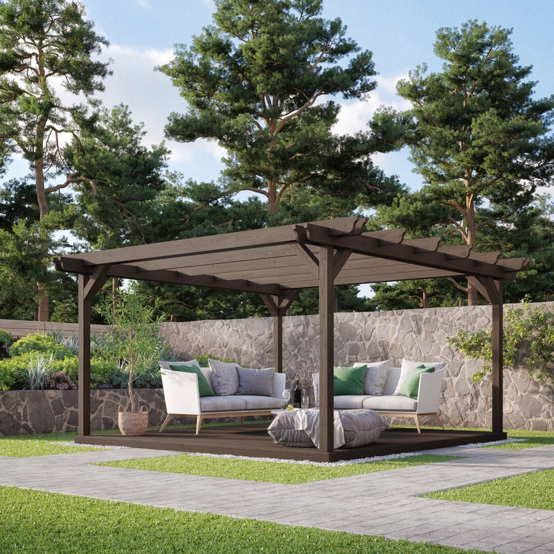 Freestanding Double Garden Pergola with Decking - Rustic Brown - 4.2m Width x 4.2m Length