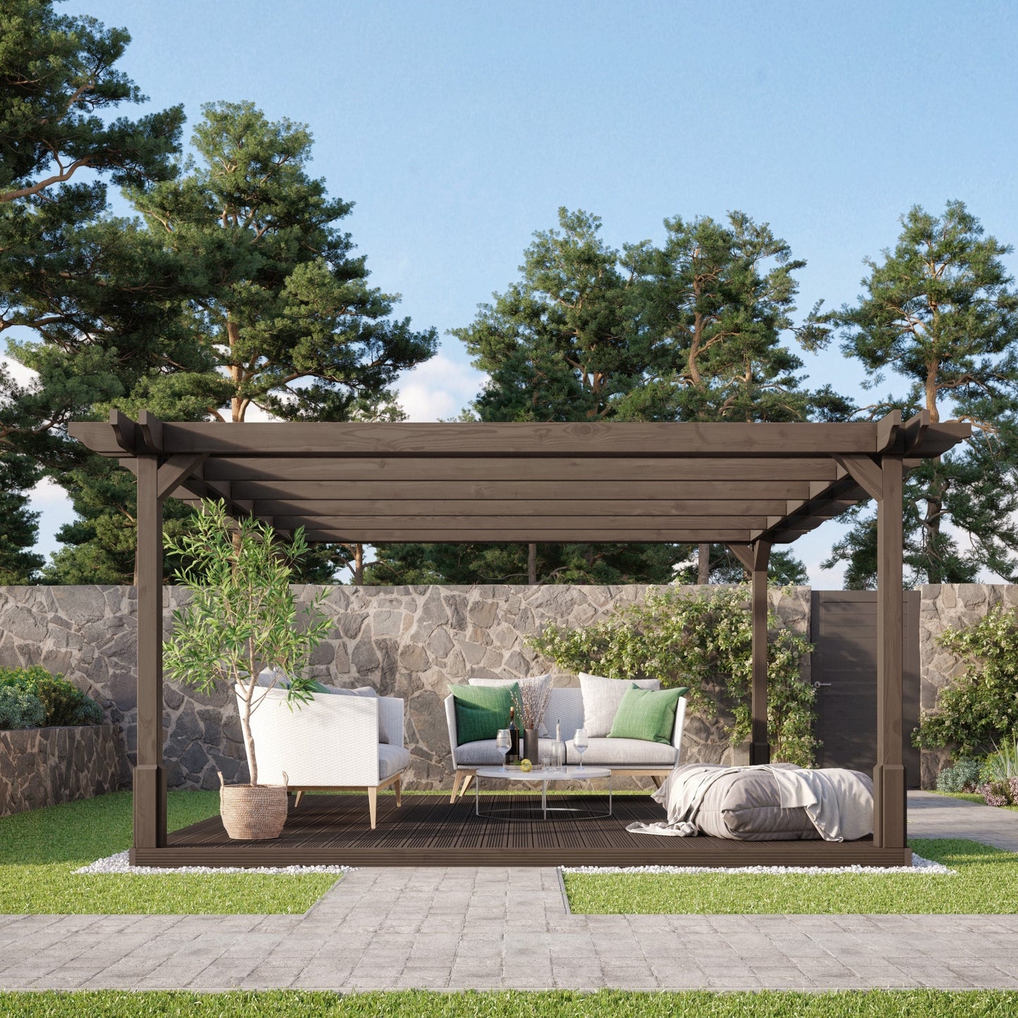 Freestanding Double Premium Pergola with Decking - Rustic Brown - 4.2m Width x 4.2m Length