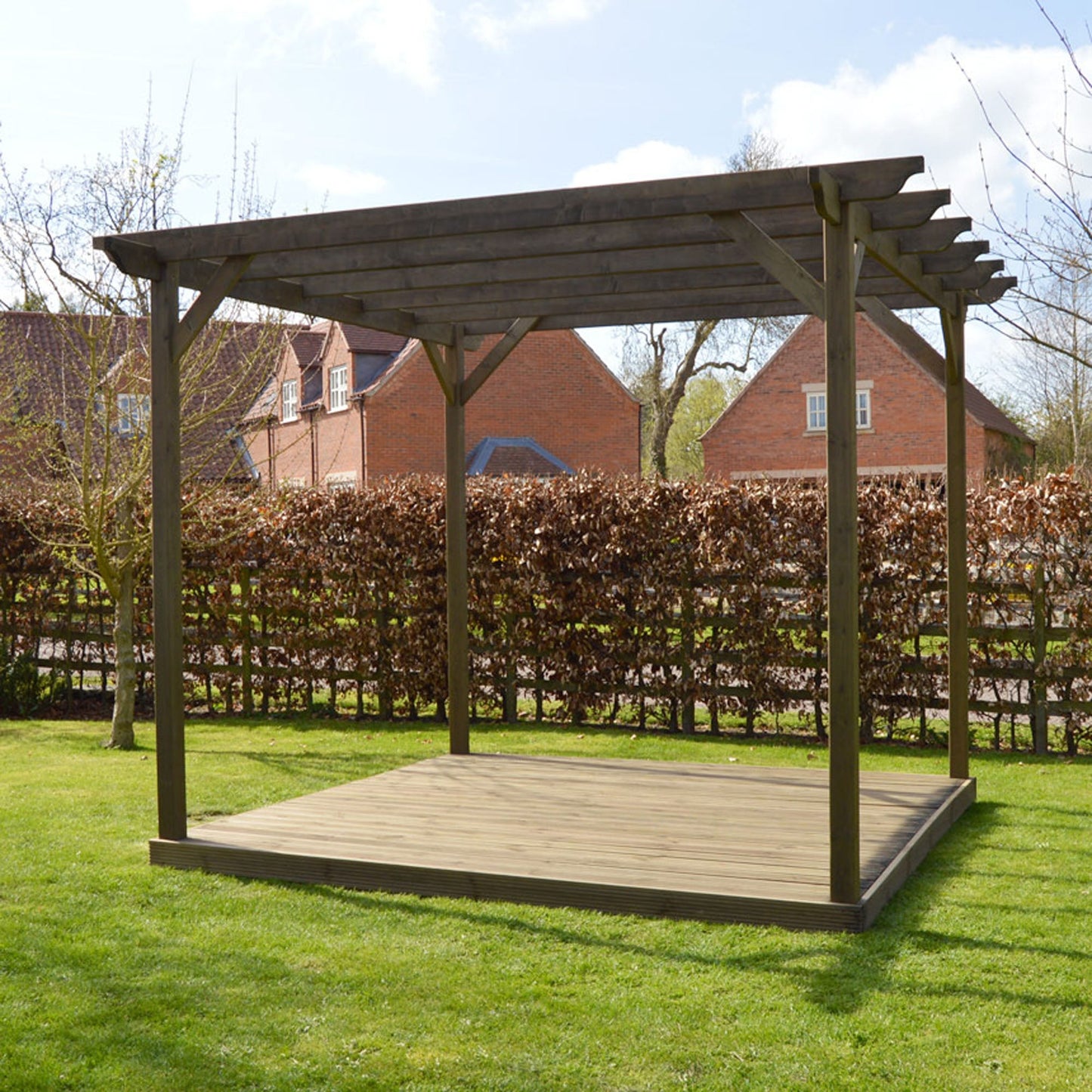 Freestanding Garden Pergola with Decking - Rustic Brown - 4.8m Width x 4.8m Length