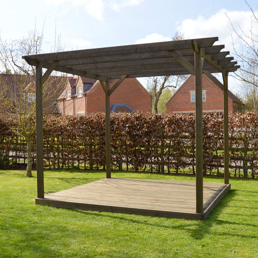 Pergola | Timber Garden Pergola | Integrated Decking Base | Freestanding Garden Structure | Rustic Brown | 3.6m Width x 3.6m Length