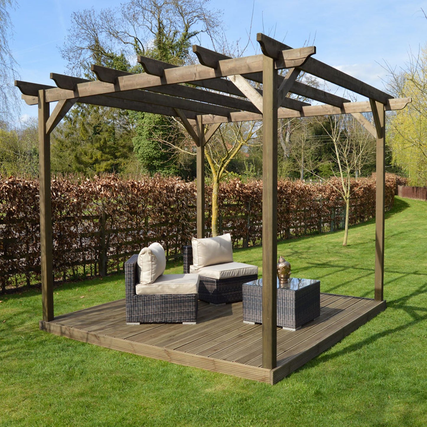 Freestanding Garden Pergola with Decking - Rustic Brown - 3.6m Width x 3.6m Length