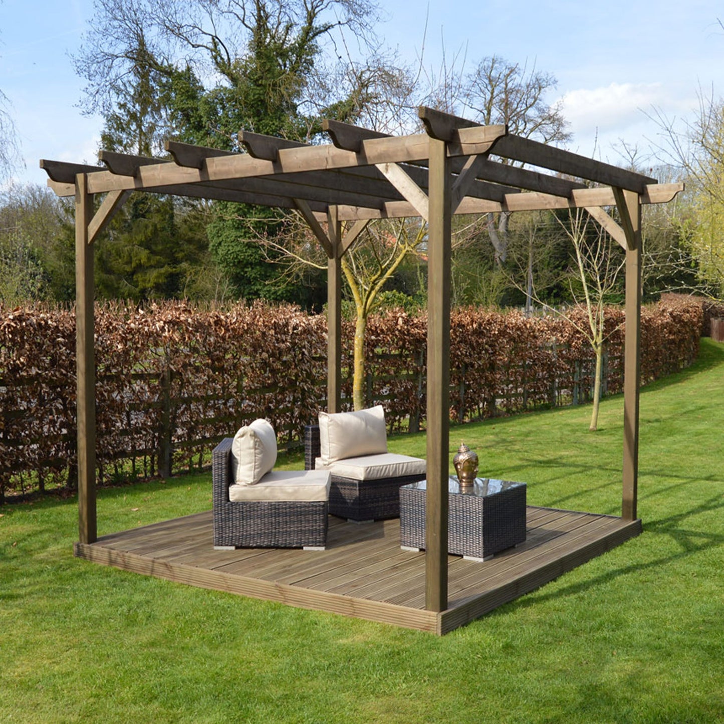 Freestanding Garden Pergola with Decking - Rustic Brown - 3.6m Width x 3.6m Length