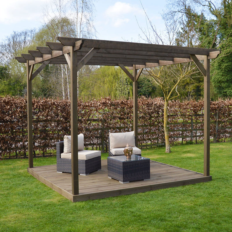 Freestanding Garden Pergola with Decking - Rustic Brown - 4.8m Width x 4.8m Length