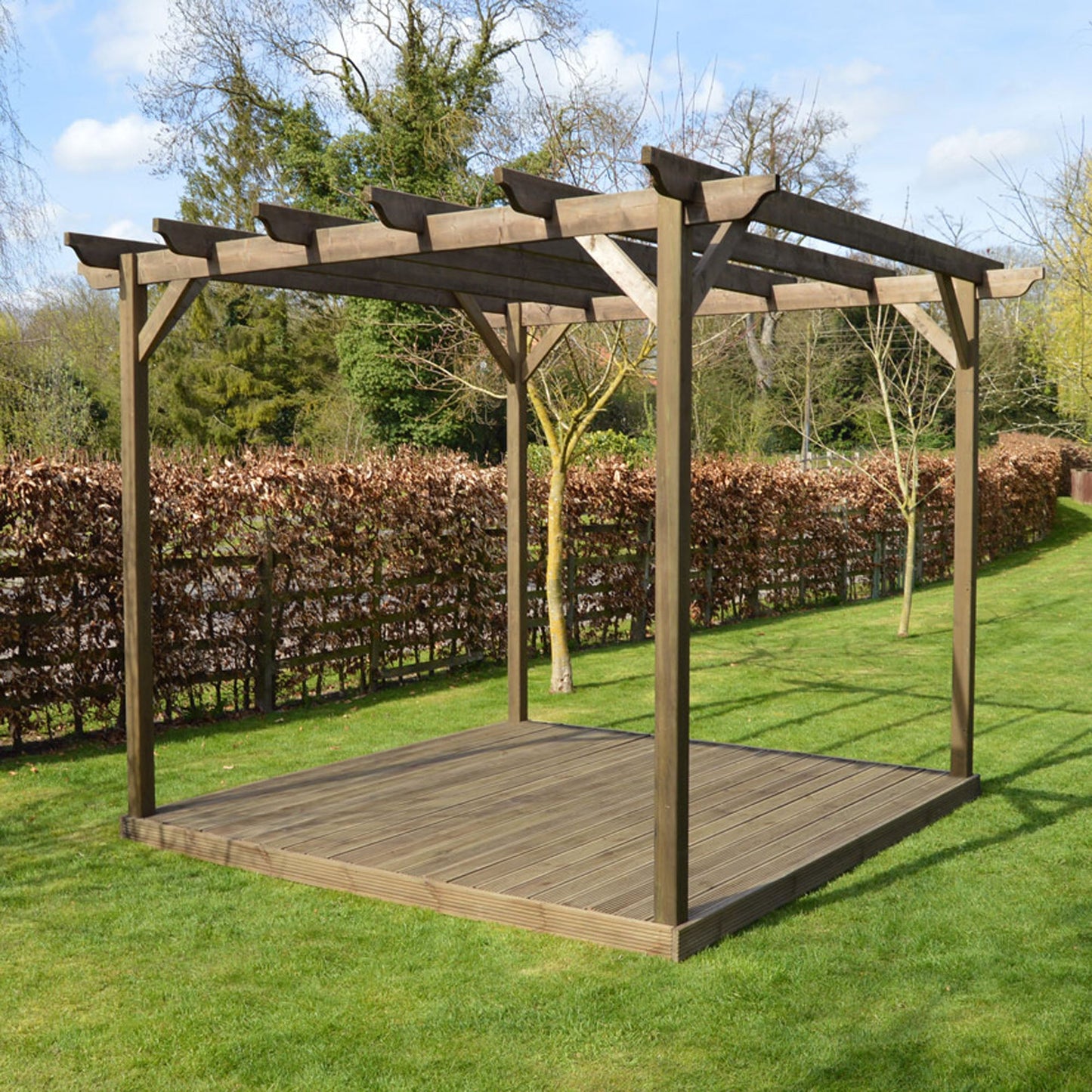 Freestanding Garden Pergola with Decking - Rustic Brown - 4.8m Width x 4.8m Length