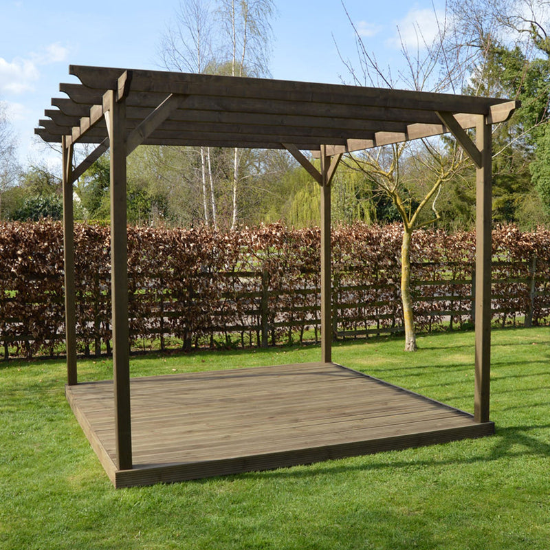Freestanding Garden Pergola with Decking - Rustic Brown - 3.6m Width x 3.6m Length