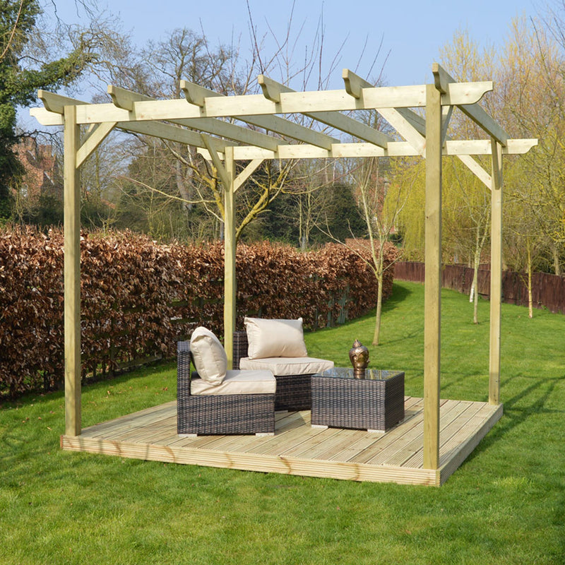 Freestanding Garden Pergola with Decking - Light Green - 3.6m Width x 3.6m Length
