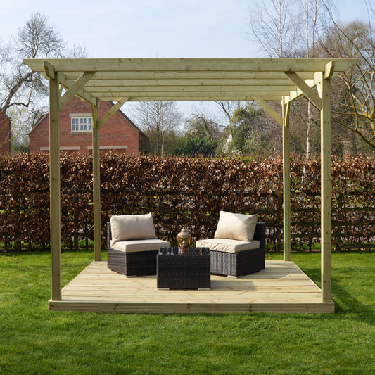 Pergola | Timber Garden Pergola | Integrated Decking Base | Freestanding Garden Structure | Light Green | 3m Width x 3m Length