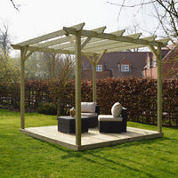 Pergola | Timber Garden Pergola | Integrated Decking Base | Freestanding Garden Structure | Light Green | 3.6m Width x 3.6m Length