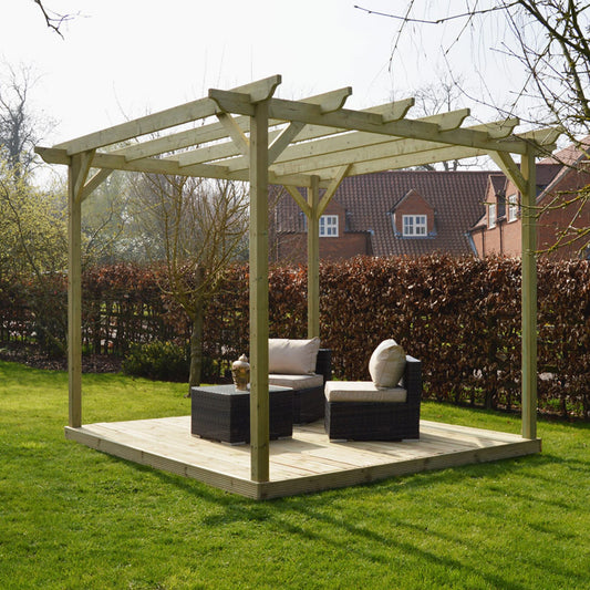 Pergola | Timber Garden Pergola | Integrated Decking Base | Freestanding Garden Structure | Light Green | 3.6m Width x 3.6m Length