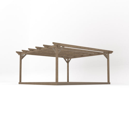 Pergola | Timber Garden Pergola | Integrated Decking Base | Freestanding Garden Structure | Rustic Brown | 4.8m Width x 4.8m Length