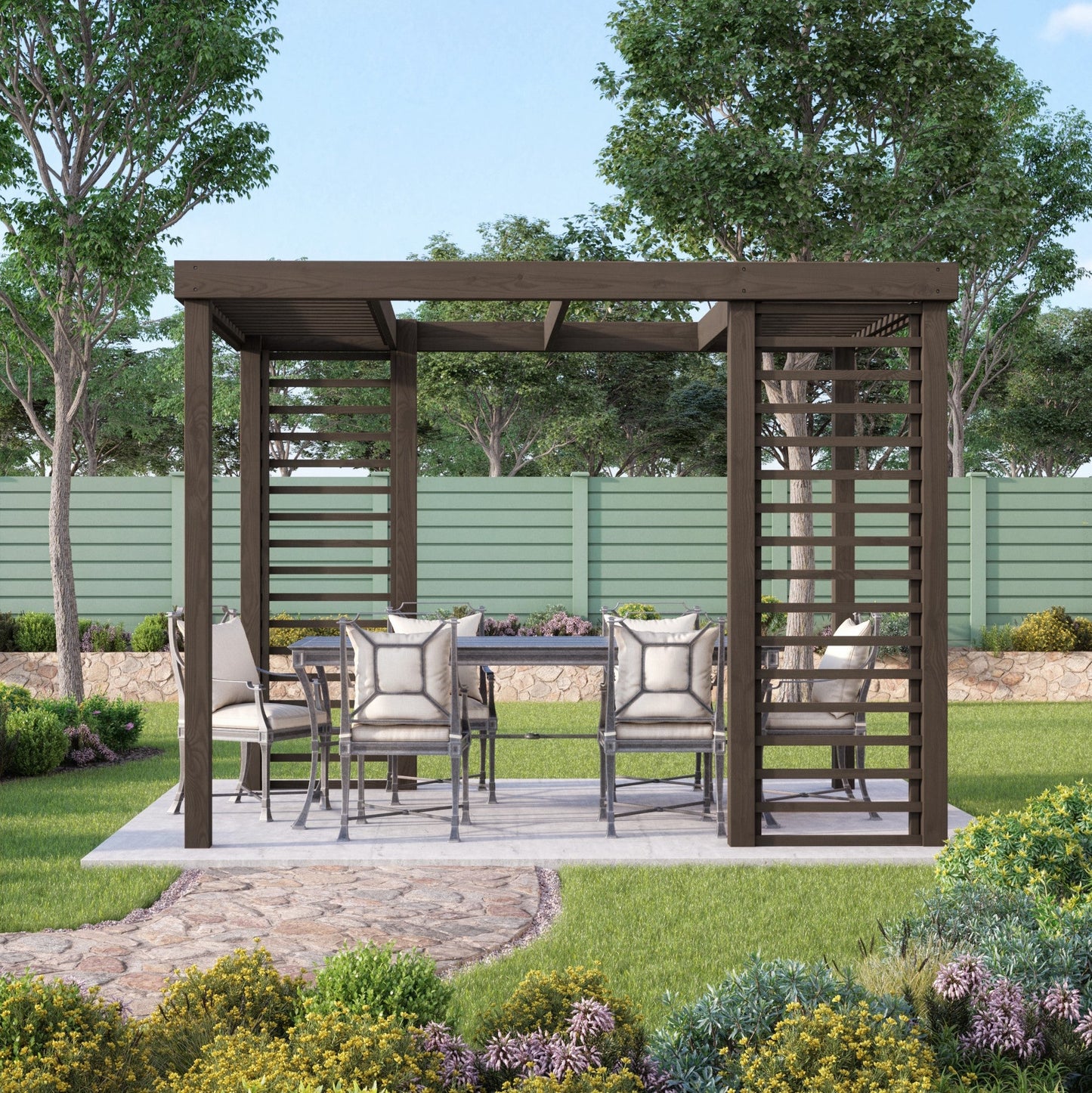 Freestanding Panel Pergola - Rustic Brown - 3m Width x 3.6m Length