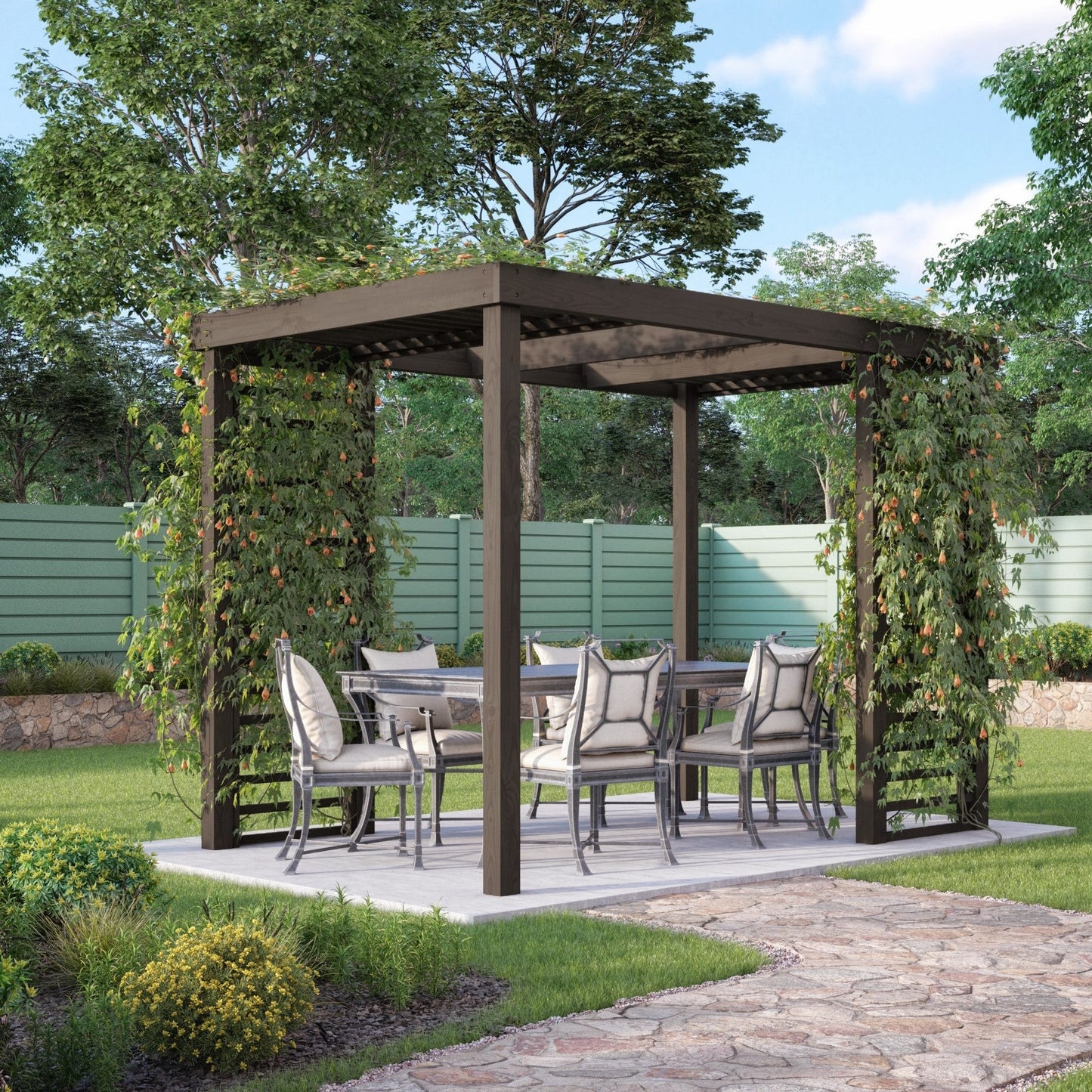 Freestanding Panel Pergola - Rustic Brown - 3.6m Width x 3.6m Length