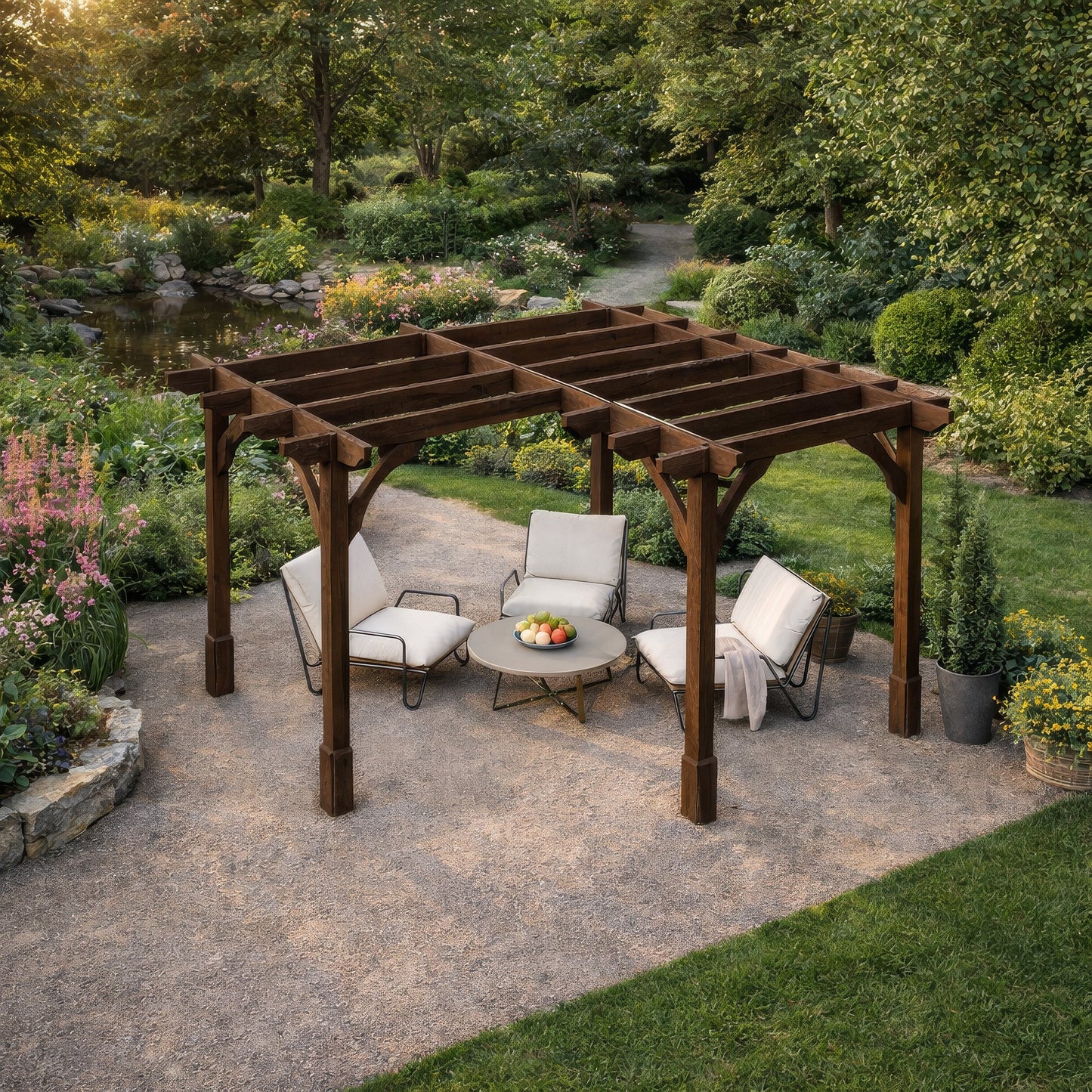 Freestanding Corner Premium Pergola - Rustic Brown - 3.6m Width x 3.6m Length