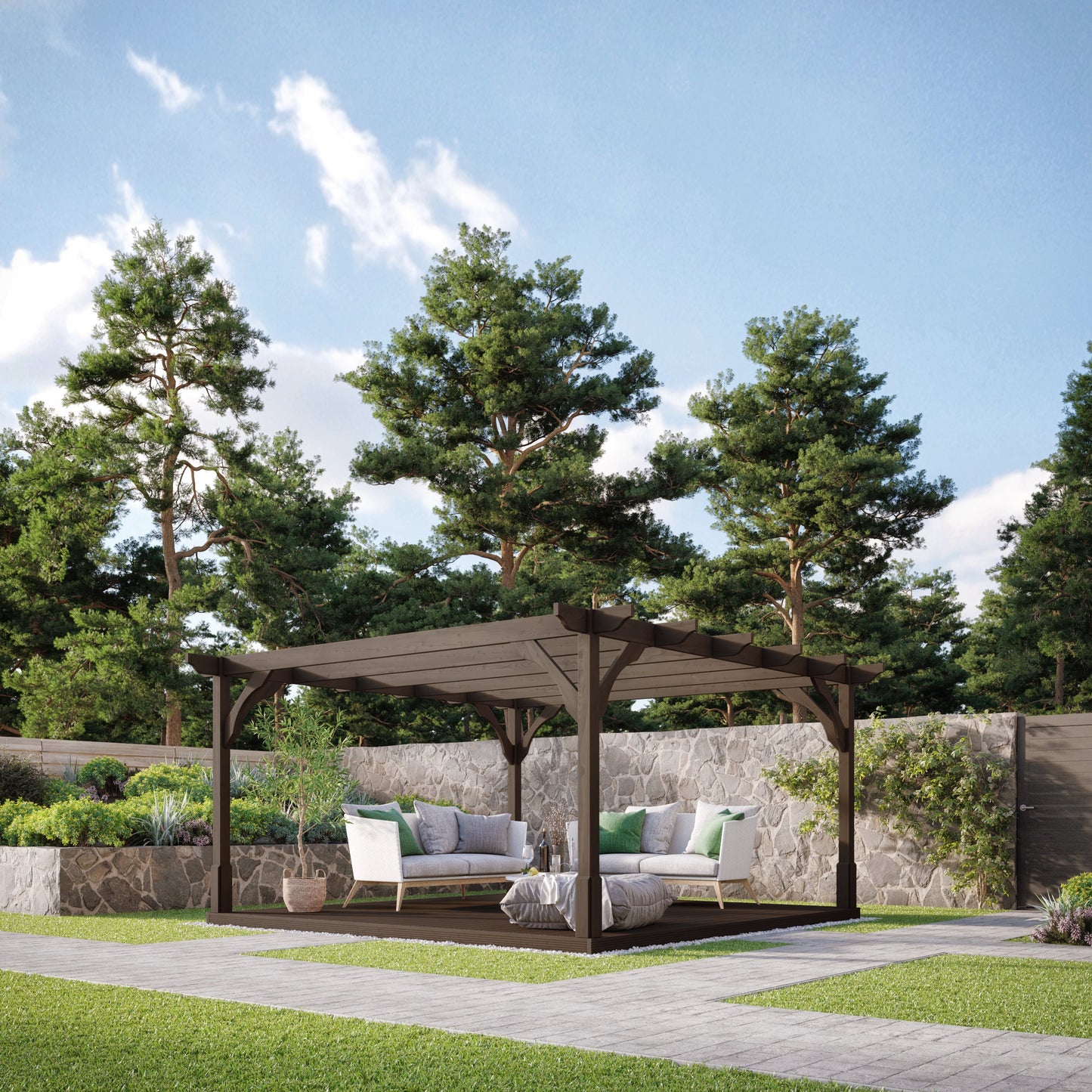 Freestanding Premium Pergola with Decking - Rustic Brown - 3m Width x 3m Length