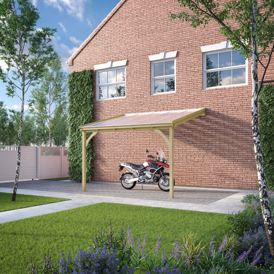 Carport | Timber Carport | Polycarbonate Roof | Wall Mounted Vehicle Shelter | Light Green | 3m Depth x 2.9m Width