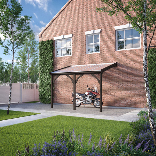 Carport | Timber Carport | Polycarbonate Roof | Wall Mounted Vehicle Shelter | Rustic Brown | 2.5m Depth x 5.06m Width