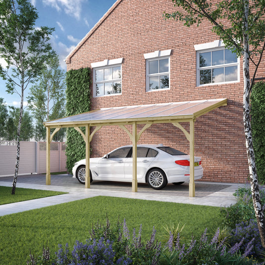 Carport | Timber Carport | Polycarbonate Roof | Wall Mounted Vehicle Shelter | Light Green | 3m Depth x 7.22m Width
